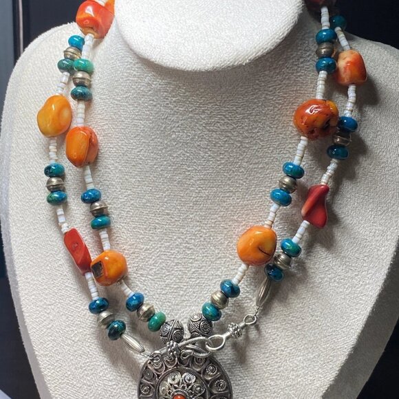 Vintage Yemenite Filigree 925 Silver Coral Turquoise Necklace 34” - Picture 14 of 16